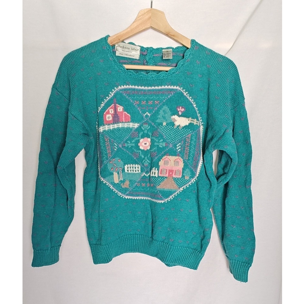 Northern Isles Sweater Green Hand Embroidered Farm Scene Ramie Cotton S Vintage